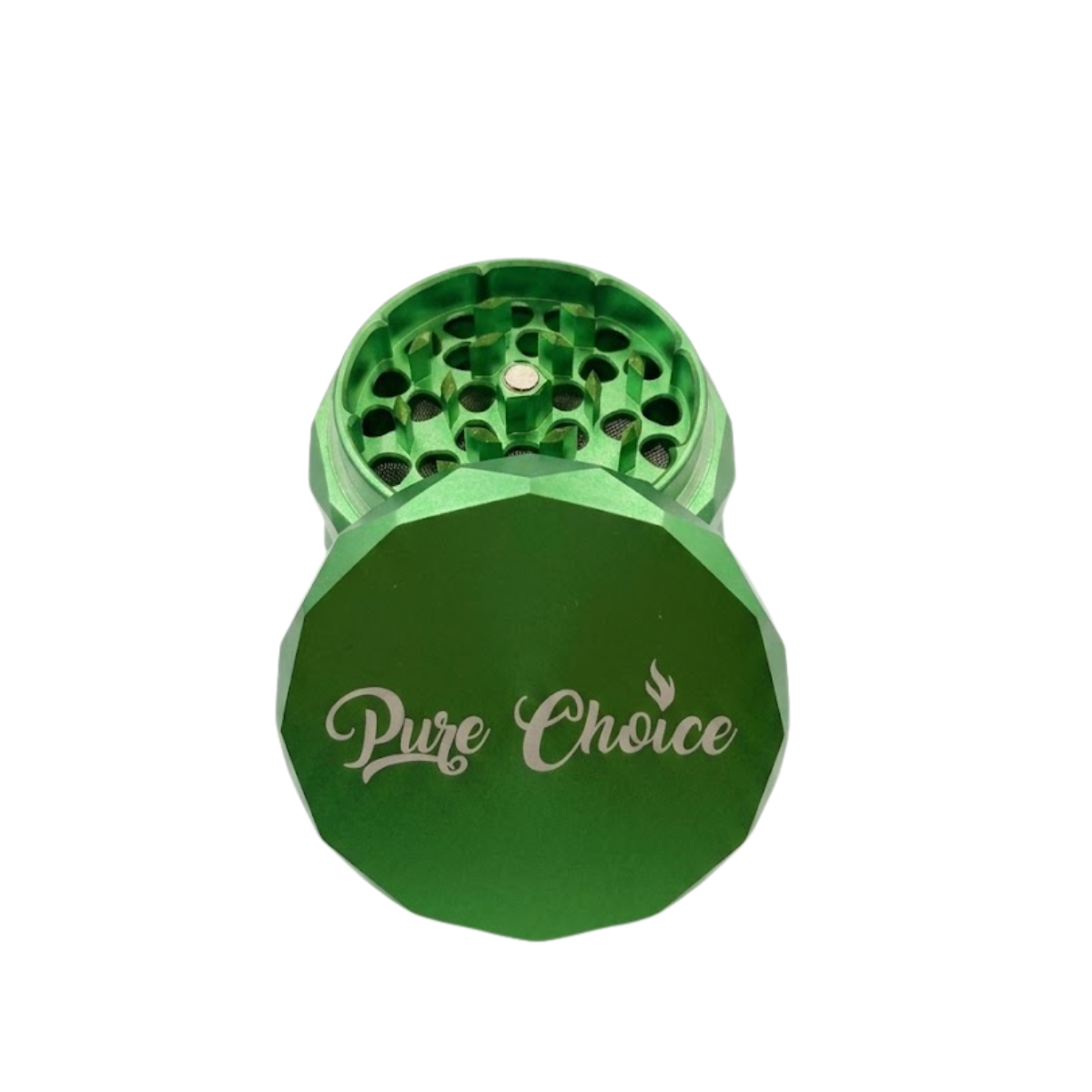 Pure Choice Diamond Reserve grinder with logo on the faceted lid